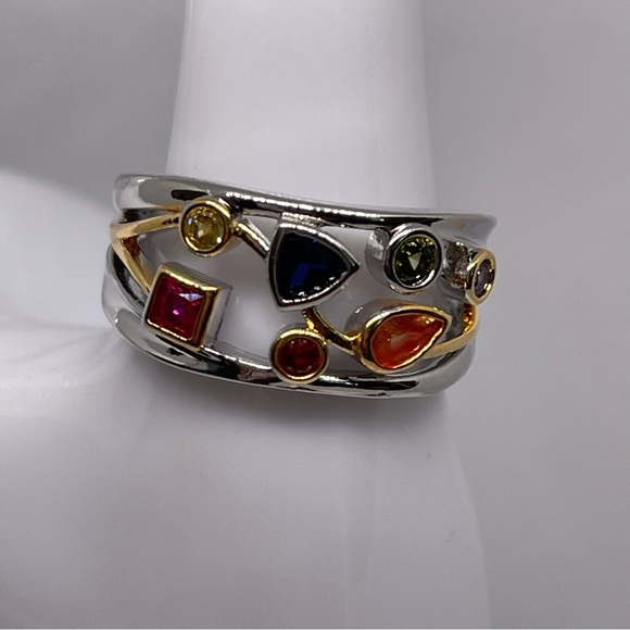 Elegant Multi-color Stone Silver and Gold Ring - Picture 9 of 13